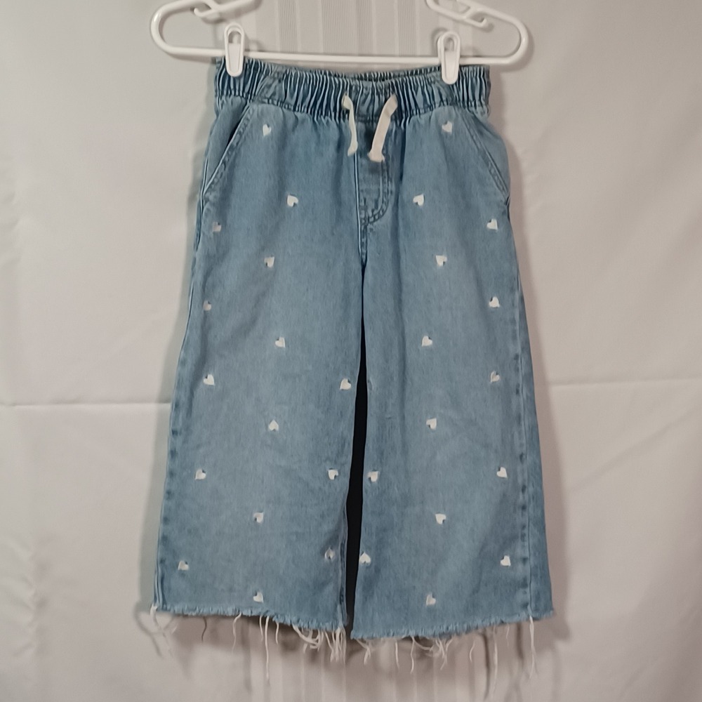 Gap Jeans Girls L Blue Easy Wide-Leg Pull-On Hearts Embroidered Raw Hem S835159